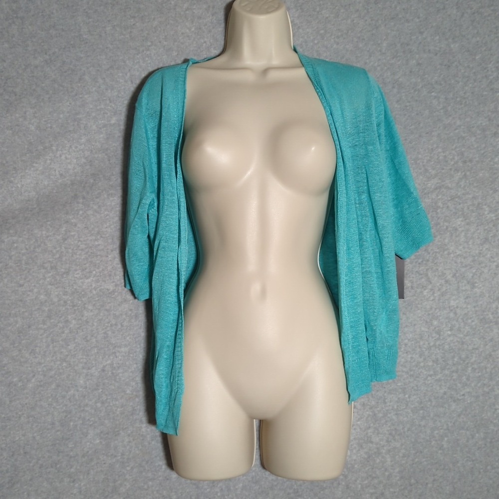 Cynthia‎ Rowley 100% Linen Light Blue Knit Open Front Cropped Cardigan Women's L